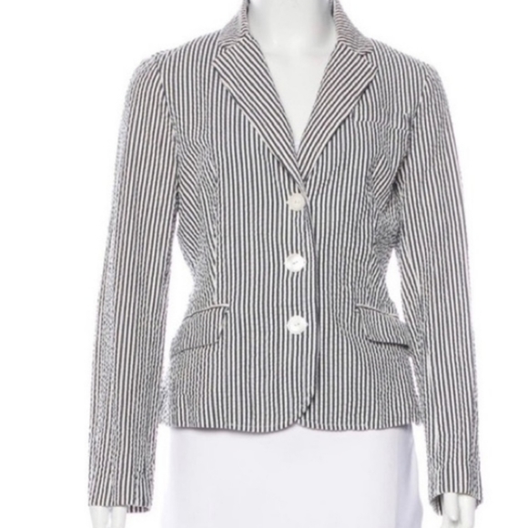 Sandro Seersucker Navy and White Cotton Blazer - Picture 1 of 5